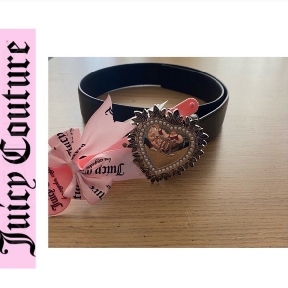 🖤🔹️Juicy Couture🔹️ Black Belt Silver Tone Pearl Heart Buckle Size - Picture 2 of 4